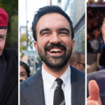 O candidato a prefeito de Nova York, Zohran Mamdani, fala com pedestres enquanto é cercado por repórteres em Nova York.