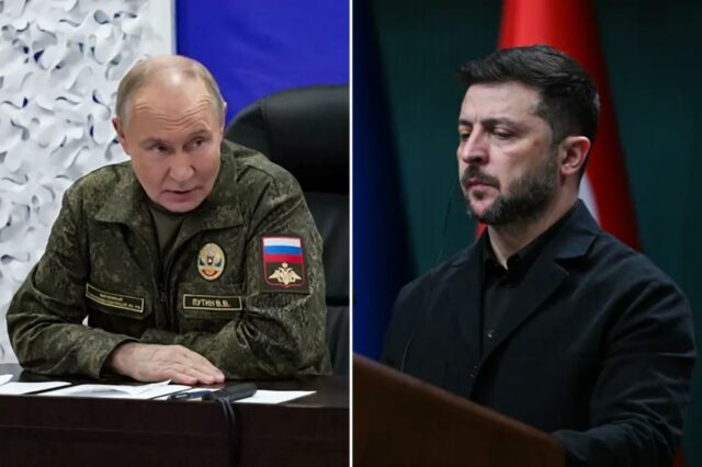 Presidente Vladimir Putin em uniforme militar em um posto de comando durante o conflito Rússia-Ucrânia.