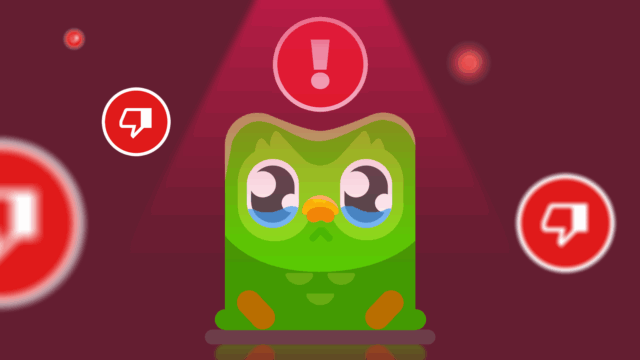 Uma pessoa segurando um pôster com o mascote do Duolingo e ícones ao redor com bandeiras de diferentes países e logotipos de aplicativos de aprendizagem de idiomas.