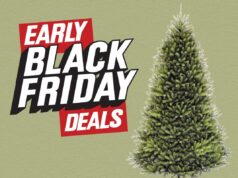 Evite a árvore Balsam Hill e compre este Dunhill Fir com 62% de desconto – menos de $ 150 Árvore de Natal artificial pré-iluminada com suporte de metal.