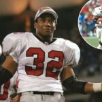 Jamal Anderson #32 do Atlanta Falcons corre a bola contra o San Francisco 49ers durante um jogo de futebol americano da NFL em 29 de setembro de 1996, no Candlestick Park, em San Francisco, Califórnia. Anderson jogou pelos Falcons de 1994-2001.