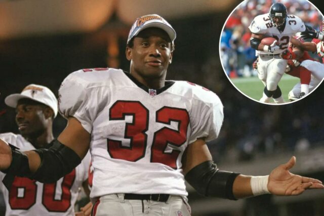 Ex-astro dos Falcons Jamal Anderson é preso sob suspeita de Jamal Anderson #32 do Atlanta Falcons corre a bola contra o San Francisco 49ers durante um jogo de futebol americano da NFL em 29 de setembro de 1996, no Candlestick Park, em San Francisco, Califórnia. Anderson jogou pelos Falcons de 1994-2001.