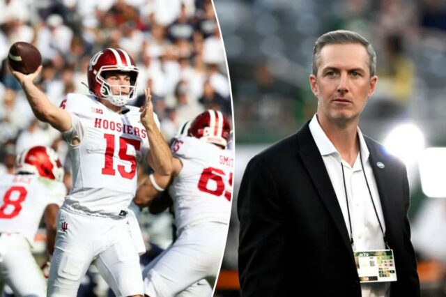 Executivos do Jets assistem ao potencial melhor escolhido do Draft Fernando Mendoza nº 15 do Indiana Hoosiers passa a bola durante o segundo quarto contra o Penn State Nittany Lions no Beaver Stadium em 8 de novembro de 2025 em State College, Pensilvânia.