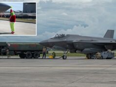 Famílias de militares da Flórida foram instruídas a retirar as decorações de Natal antecipadas para cumprir os padrões básicos: ‘eles têm isso por escrito’ Uma pessoa fantasiada de Grinch com chapéu e terno de Papai Noel segura o nariz de um jato militar cinza estacionado.