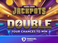 FanDuel lança novo recurso de jackpots de cassino em Michigan, Nova Jersey e Pensilvânia FanDuel lança novo recurso de jackpots de cassino em Michigan, Nova Jersey e Pensilvânia. Gráfico promocional do FanDuel Casino com o título 'Jackpots' e um grande texto dourado dizendo 'Double Your Chances to Win', apresentando faixas de luz brilhantes, moedas de ouro e o logotipo do FanDuel Casino na parte inferior