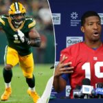 O lado defensivo do Green Bay Packers, Micah Parsons (1), em ação contra o ataque ofensivo do Philadelphia Eagles, Jordan Mailata (68).