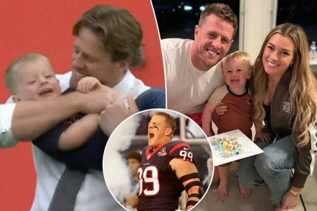 JJ Watt joga futebol com o filho de 3 anos logotipo de fantasia azarão