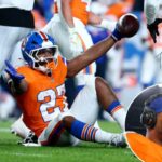 JK Dobbins #27 do Denver Broncos reage do solo contra o Las Vegas Raiders durante o quarto período no jogo no Empower Field At Mile High em 06 de novembro de 2025 em Denver, Colorado.