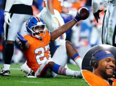 JK Dobbins, do Broncos, irritado com a queda do quadril após sofrer uma lesão no pé JK Dobbins #27 do Denver Broncos reage do solo contra o Las Vegas Raiders durante o quarto período no jogo no Empower Field At Mile High em 06 de novembro de 2025 em Denver, Colorado.