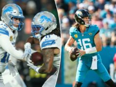 Jaguars x Cardinals, Giants x Lions: probabilidades e escolhas da semana 12 da NFL Jared Goff #16 entregando a bola para Jahmyr Gibbs #0 durante um jogo entre Detroit Lions x Philadelphia Eagles.