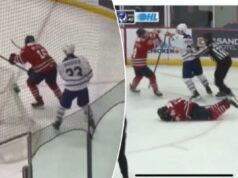 Jogador da OHL suspenso por um ano após usar ‘pau como arma’ para deixar adversário ensanguentado Jogadores de hóquei perto do gol, com um goleiro na frente.