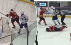 Jogador da OHL suspenso por um ano após usar ‘pau como arma’ para deixar adversário ensanguentado Jogadores de hóquei perto do gol, com um goleiro na frente.