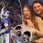 Josh Allen puxa um Travis Kelce e acena docemente para a esposa Hailee Steinfeld durante o touchdown do Buffalo Bills