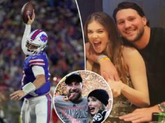 Josh Allen puxa um Travis Kelce e acena docemente para a esposa Hailee Steinfeld durante o touchdown do Buffalo Bills Josh Allen puxa um Travis Kelce e acena docemente para a esposa Hailee Steinfeld durante o touchdown do Buffalo Bills