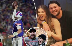 Josh Allen puxa um Travis Kelce e acena docemente para a esposa Hailee Steinfeld durante o touchdown do Buffalo Bills Josh Allen puxa um Travis Kelce e acena docemente para a esposa Hailee Steinfeld durante o touchdown do Buffalo Bills