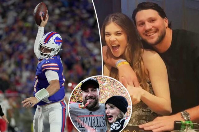 Josh Allen puxa um Travis Kelce e acena docemente para Josh Allen puxa um Travis Kelce e acena docemente para a esposa Hailee Steinfeld durante o touchdown do Buffalo Bills