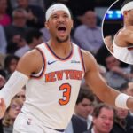 Josh Hart comemora durante a vitória dos Knicks por 137-114 sobre os Timberwolves em 5 de novembro de 2025 no Garden.