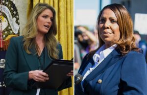 Juiz concede vitória ao DOJ no caso de fraude hipotecária de Letitia James após moção da NY AG negada A procuradora-geral de Nova York, Letitia James, falando em um pódio com microfones na frente de uma multidão.