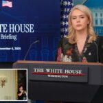 A secretária de imprensa da Casa Branca, Karoline Leavitt, fala à imprensa em 4 de novembro de 2025.