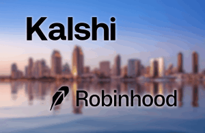 Kalshi e Robinhood tomam medidas contra o processo das Tribos da Califórnia Kalshi e Robinhood tomam medidas contra o processo das Tribos da Califórnia. Logotipos de Kalshi e Robinhood exibidos sobre o horizonte borrado da cidade refletidos em águas calmas. A palavra ‘Kalshi’ aparece grande na parte superior e o logotipo do Robinhood com seu nome aparece perto da parte inferior.