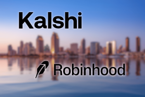 Kalshi e Robinhood tomam medidas contra o processo das Tribos Kalshi e Robinhood tomam medidas contra o processo das Tribos da Califórnia. Logotipos de Kalshi e Robinhood exibidos sobre o horizonte borrado da cidade refletidos em águas calmas. A palavra ‘Kalshi’ aparece grande na parte superior e o logotipo do Robinhood com seu nome aparece perto da parte inferior.