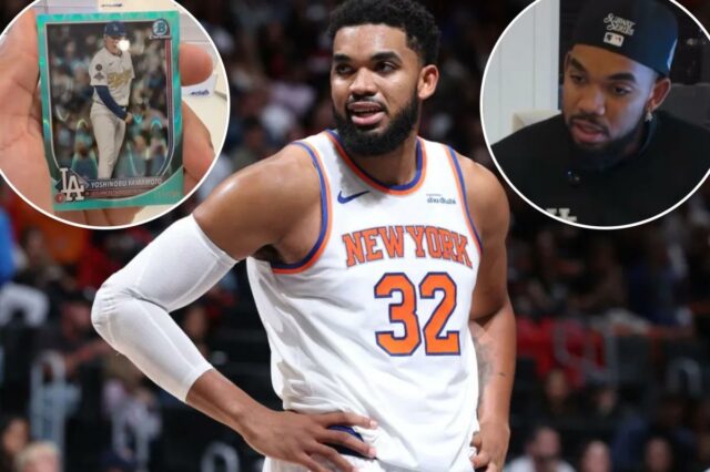 Karl-Anthony Towns observa durante o jogo Knicks-Heat em 17 de novembro de 2025. 