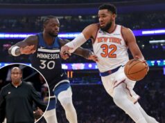 Karl-Anthony Towns parece mais confortável no ataque de Mike Brown aos Knicks após um início difícil O pivô do New York Knicks, Karl-Anthony Towns, vai para a cesta enquanto Julius Randle defende os Timberwolves.