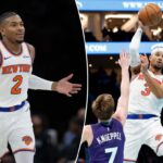 O armador do Knicks, Miles McBride (2), reage após uma cesta contra o Brooklyn Nets no segundo tempo no Barclays Center.