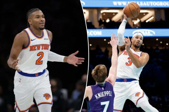 O armador do Knicks, Miles McBride (2), reage após uma cesta contra o Brooklyn Nets no segundo tempo no Barclays Center. 