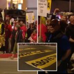 Trabalhadores de catering de companhias aéreas protestando, segurando uma placa que diz