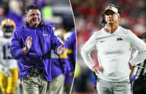 LSU aberta à reunião de Ed Orgeron na reviravolta de Lane Kiffin O técnico da LSU, Ed Orgeron, sorri e bate palmas durante um jogo.