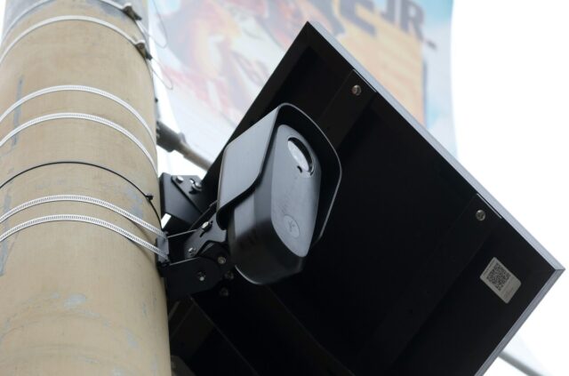 a Flock license plate surveillance camera on a street pole in San Francisco.