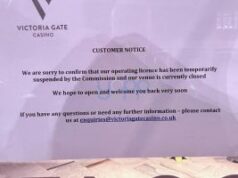 Licença do Victoria Gate Casino Leeds suspensa devido a preocupações com lavagem de dinheiro Aviso de suspensão do Victoria Gaming Casino afixado na frente do local. Suspensão do Cassino Victoria Gate