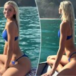Livvy Dunne aproveita o sol em um biquíni azul durante a fuga dos sonhos de Paul Skenes