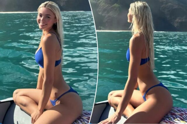 Livvy Dunne aproveita o sol em um biquíni azul durante Livvy Dunne aproveita o sol em um biquíni azul durante a fuga dos sonhos de Paul Skenes