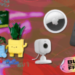 Plantas Lego, câmera Blink Mini, Apple AirTag e Fire TV Stick com fundo vermelho