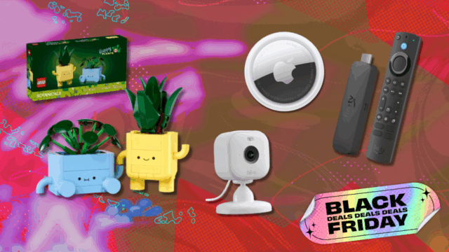 Plantas Lego, câmera Blink Mini, Apple AirTag e Fire TV Stick com fundo vermelho