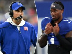 Malik Nabers se irrita com a chamada de jogo questionável dos Giants em uma postagem excluída: ‘Bom senso do futebol!’ O wide receiver do New York Giants, Malik Nabers (1), antes do jogo contra o Kansas City Chiefs no MetLife Stadium.