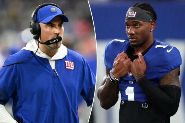 Malik Nabers se irrita com a chamada de jogo questionável O wide receiver do New York Giants, Malik Nabers (1), antes do jogo contra o Kansas City Chiefs no MetLife Stadium.