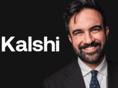 Mamdani cita previsões de Kalshi em meio ao aumento rumo à vitória do prefeito de Nova York Zohran Mamdani de terno e gravata está contra um fundo preto ao lado de um grande texto branco que diz “Kalshi”. Mamdani cita previsões de Kalshi em meio ao aumento rumo à vitória do prefeito de Nova York