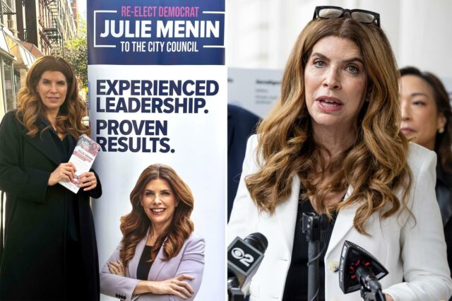 Julie Menin fala em um pódio com microfones, ladeada por um homem de terno e outros indivíduos, defendendo o Fundo para as Vítimas do 11 de Setembro.