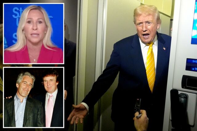 Marjorie Taylor Greene insiste que ainda apoia Trump - enquanto Marjorie Taylor Greene insiste que ainda apoia Trump - enquanto o critica repetidamente em uma entrevista maluca após a luta com Epstein