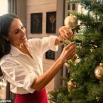 Enquanto pendurava bugigangas em sua árvore de Natal, Meghan vestiu sua saia grande favorita da Givenchy de £ 890 enfiada em uma saia lápis Simkhai vermelha festiva de £ 223, acrescentando um par de brincos Birks brilhantes de £ 105