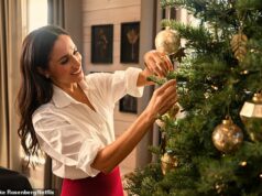 Meghan Markle usa moda festiva no valor de £ 62.000 no trailer de um minuto do especial de férias da Netflix – enquanto ela convida os espectadores a ‘desembrulhar a magia’ Enquanto pendurava bugigangas em sua árvore de Natal, Meghan vestiu sua saia grande favorita da Givenchy de £ 890 enfiada em uma saia lápis Simkhai vermelha festiva de £ 223, acrescentando um par de brincos Birks brilhantes de £ 105