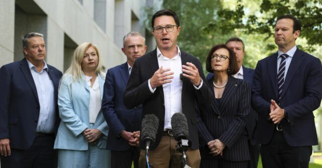 O líder nacional, David Littleproud, dirige-se à mídia em uma conferência de imprensa após uma reunião no salão do partido, na Casa do Parlamento em Canberra, no domingo, 2 de novembro de 2025. fedpol Foto: Alex Ellinghausen