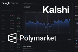 Mercados de previsão Kalshi e Polymarket serão integrados ao Google Os mercados de previsão Kalshi e Polymarket serão integrados ao Google Finance. Uma interface do Google Finance com tema sombrio que mostra gráficos e dados de mercado. Sobrepostos à imagem estão os logotipos e nomes de duas plataformas de previsão de mercado: 'Kalshi' em grande texto branco no canto superior direito e o logotipo da Polymarket com a palavra 'Polymarket' próximo ao canto inferior esquerdo.