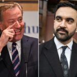 O ex-prefeito de Nova York, Bill de Blasio, tocando o nariz enquanto discursava em um evento.