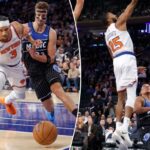 O armador do New York Knicks, Josh Hart, e o atacante do Orlando Magic, Franz Wagner, perseguem uma bola perdida no segundo tempo no Madison Square Garden, em Nova York, Nova York, 12 de novembro de 2025.