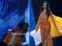 Miss Jamaica cai do palco e é carregada em maca durante concurso de Miss Universo Miss Jamaica caindo no palco.