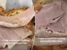 Mulher encontra larvas em seu croissant – e café pede desculpas ‘desprezíveis’ Close de um croissant com presunto e pequenas larvas brancas visíveis no pão, com sobreposição de texto